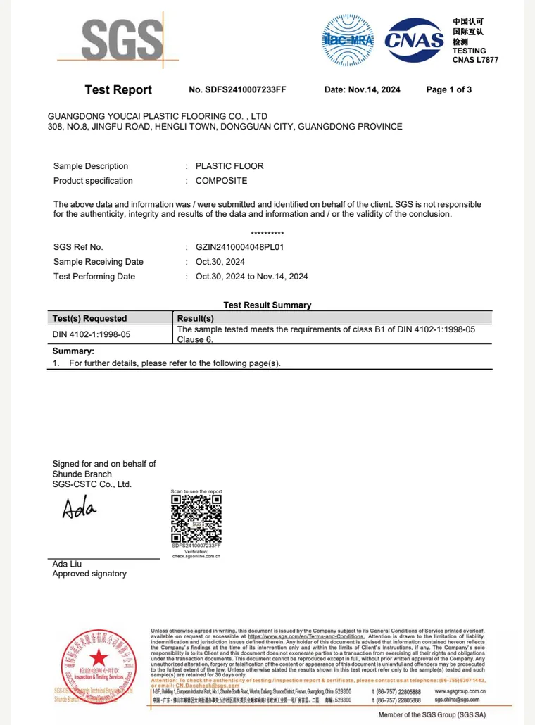2.0 mm Plastic Flooring Flame-Retardant Test Report cover preview