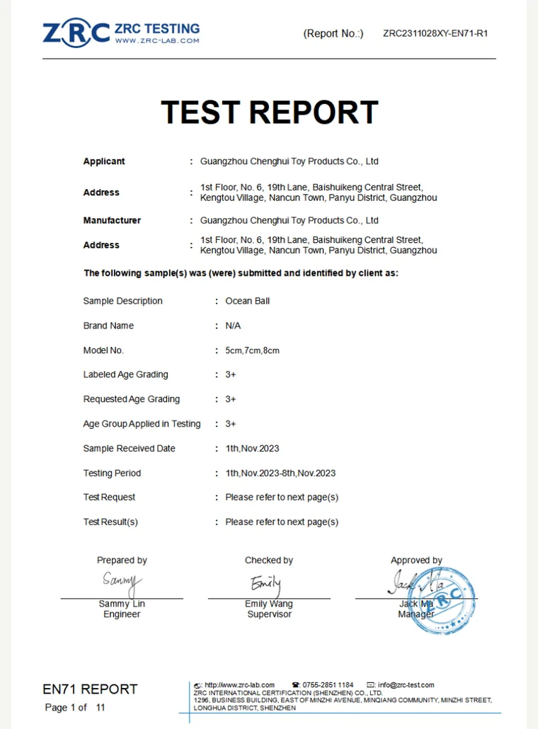 Ocean Ball EN 71 Test Report cover preview