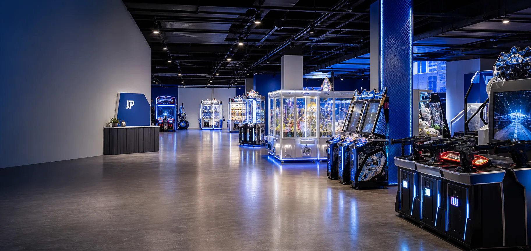 Realistic Joypark arcade game center with branded reception area
