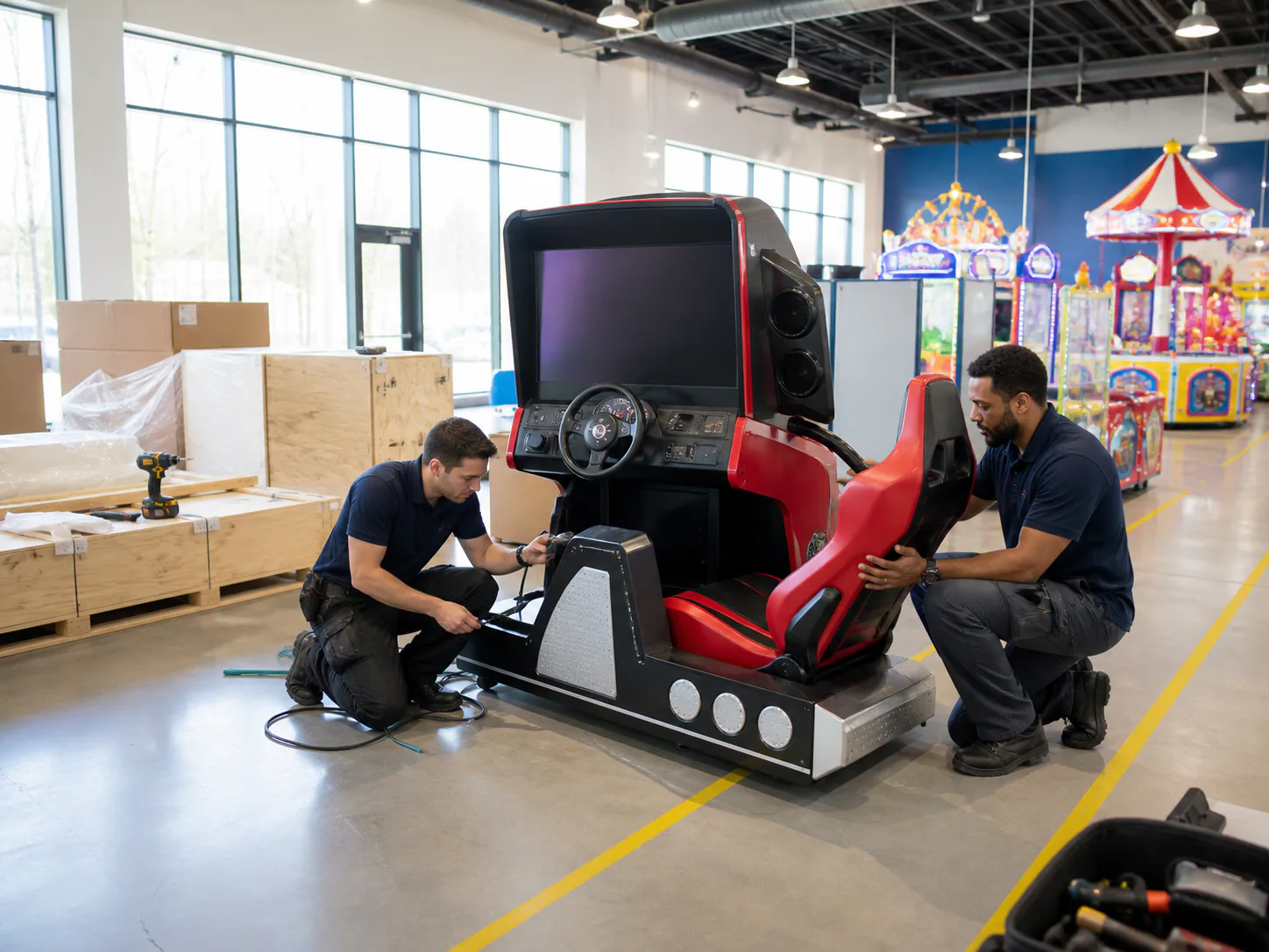 Joypark technicians installing and checking an arcade racing machine before venue opening