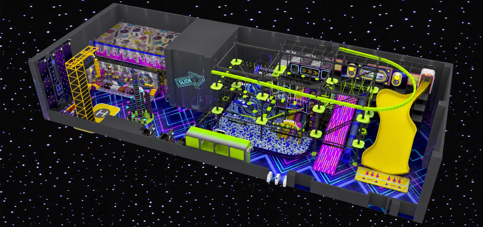 Complete Joypark neon adventure indoor playground concept layout