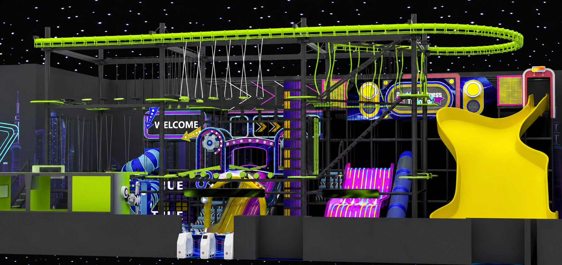 Joypark neon adventure indoor playground entrance design