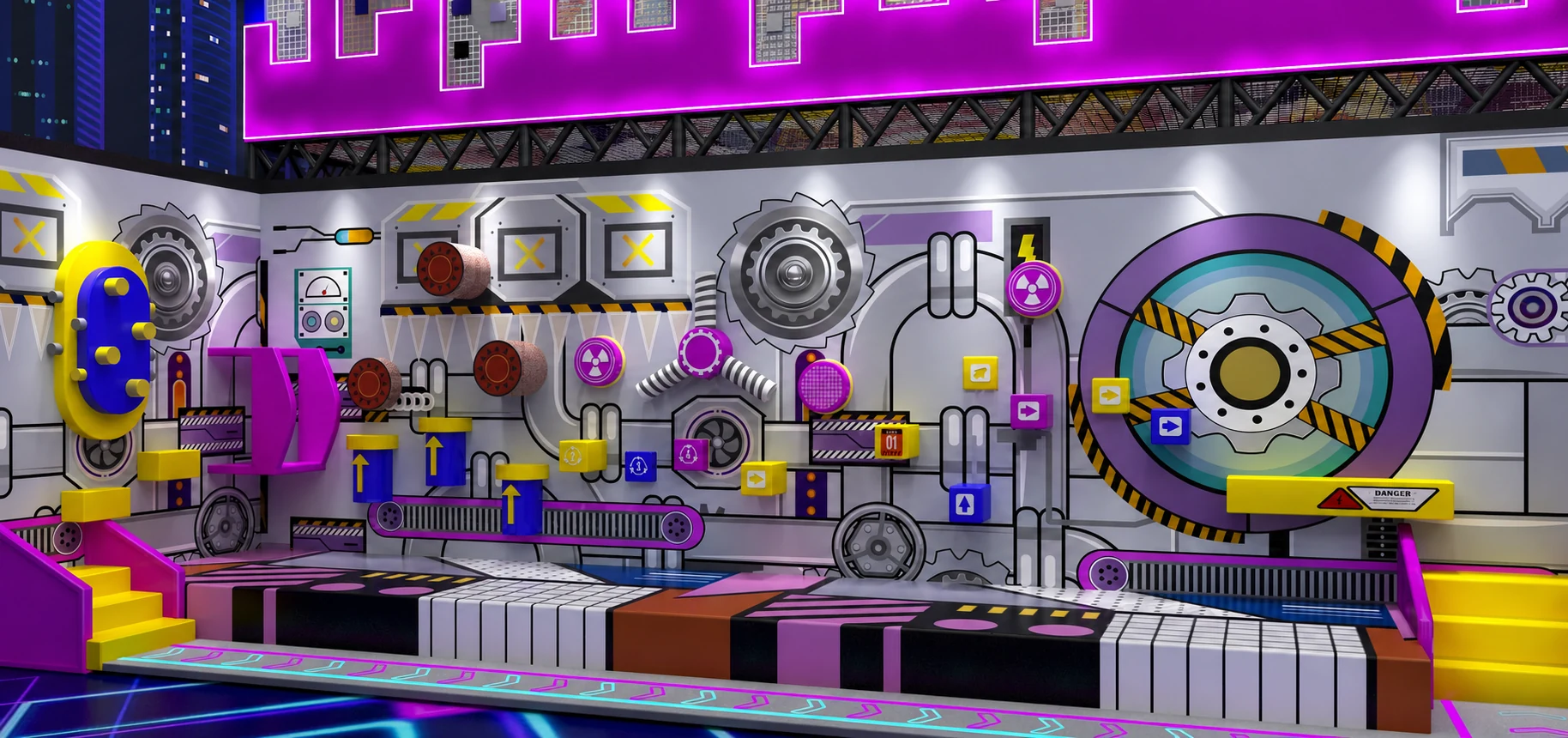Joypark neon themed interactive play wall concept