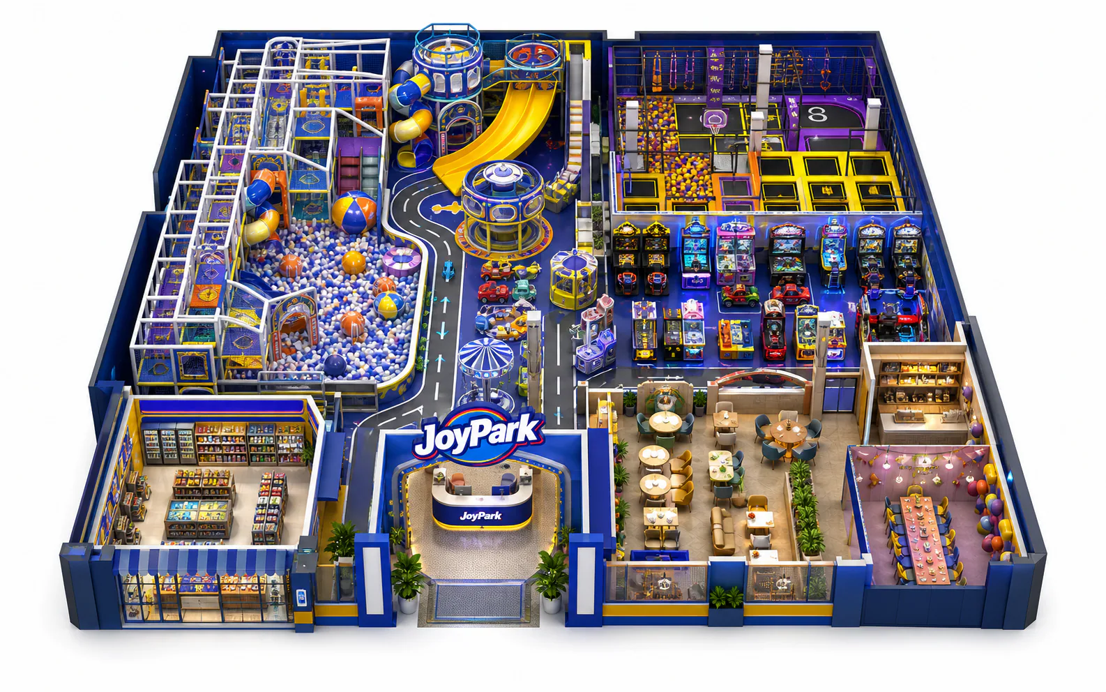 Joypark complete family entertainment center plan with arcade machines, indoor soft playground, cafe, mini market, and party room