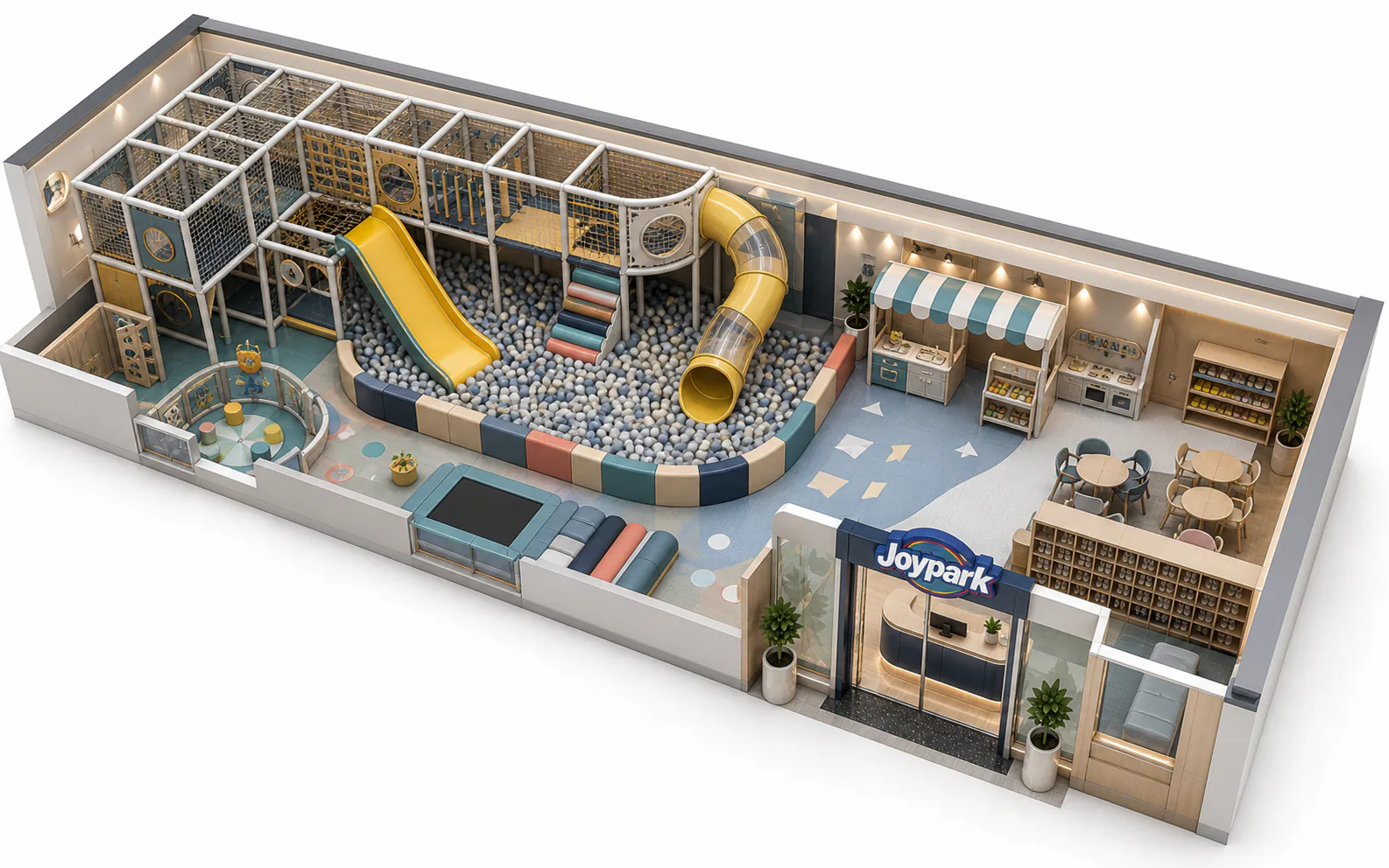 Joypark compact indoor soft playground plan for a 50 to 150 square metre venue