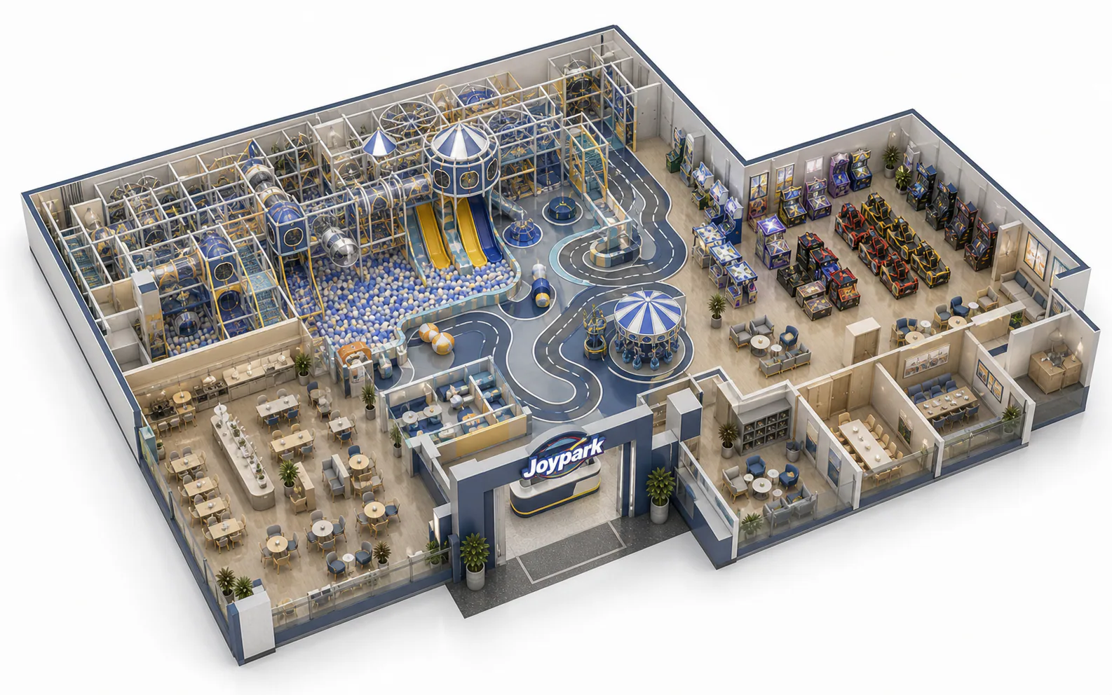 Joypark large indoor soft playground plan for a 600 to 1000 square metre venue